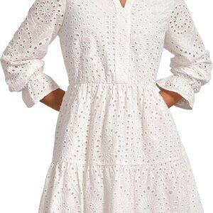 Women's Spring 2025 Long Puff Sleeve Mini Dress Hollow Out Lace V Neck A Line Ru
